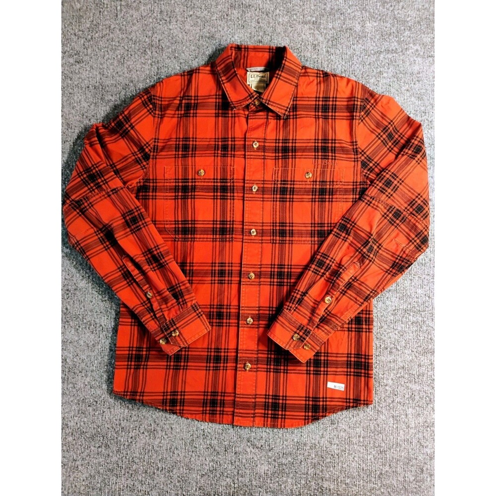 L.L. Bean Plaid Button Up Shirt Mens Small Orange Black Long Sleeve Cotton